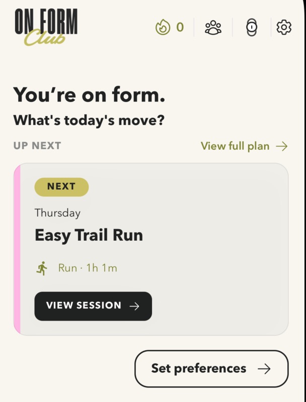 On Form Club home screen showing the next personalised session.