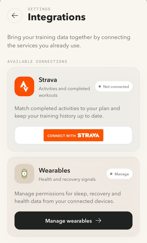 On Form Club integrations screen for connected health and training data.