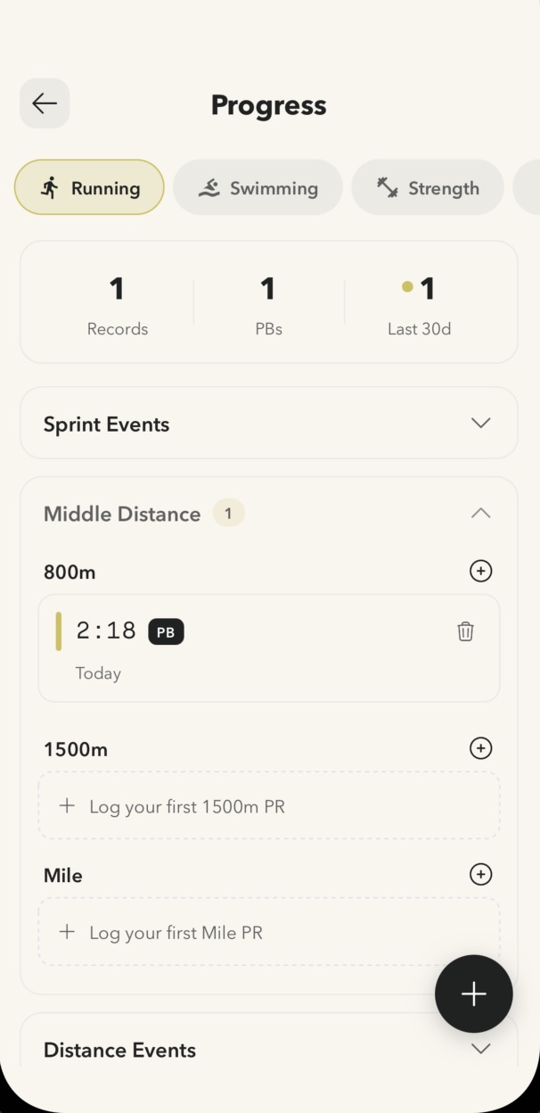 On Form Club progress screen showing running records and personal bests by distance.