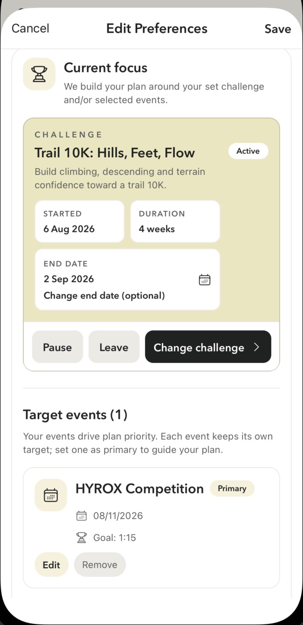 On Form Club preferences showing a target HYROX competition alongside the current training focus.