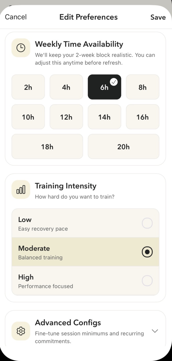 On Form Club preferences for weekly availability and training intensity.
