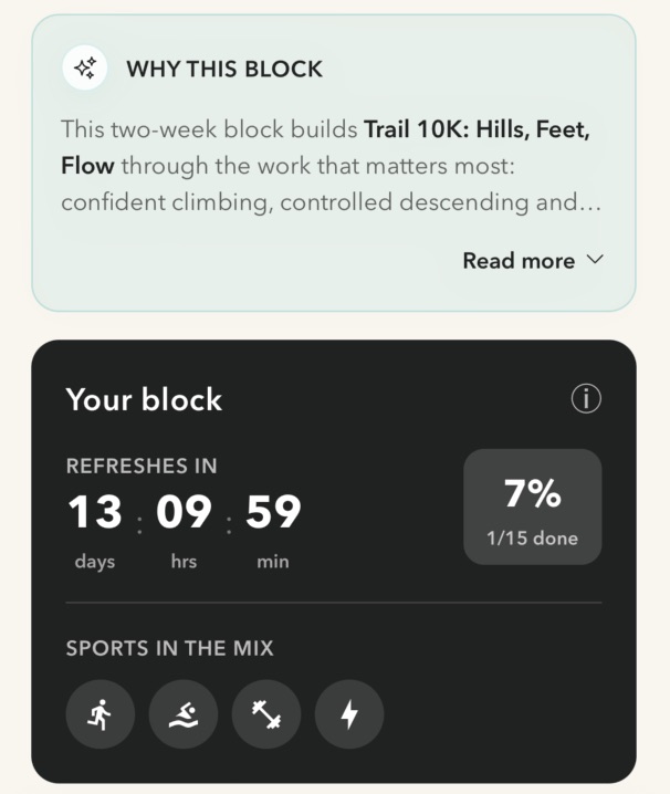 On Form Club plan rationale showing the current two-week block, sports mix and progress.