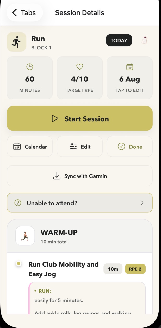 On Form Club session detail screen showing warm-up, main set, cool-down and RPE guidance.
