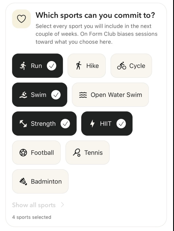 On Form Club sport selection screen showing multiple supported training modes.