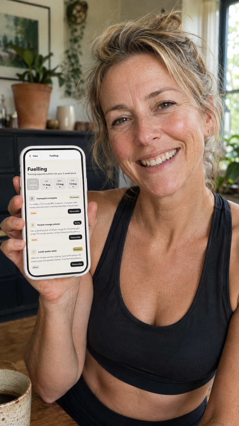 On Form Club member holding up the app on her phone after training.
