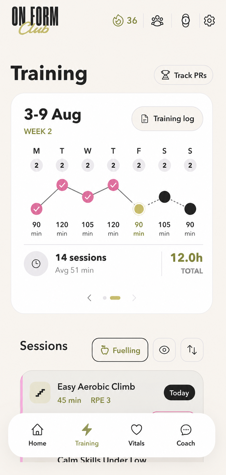 On Form Club training screen showing scheduled workouts and weekly training load.