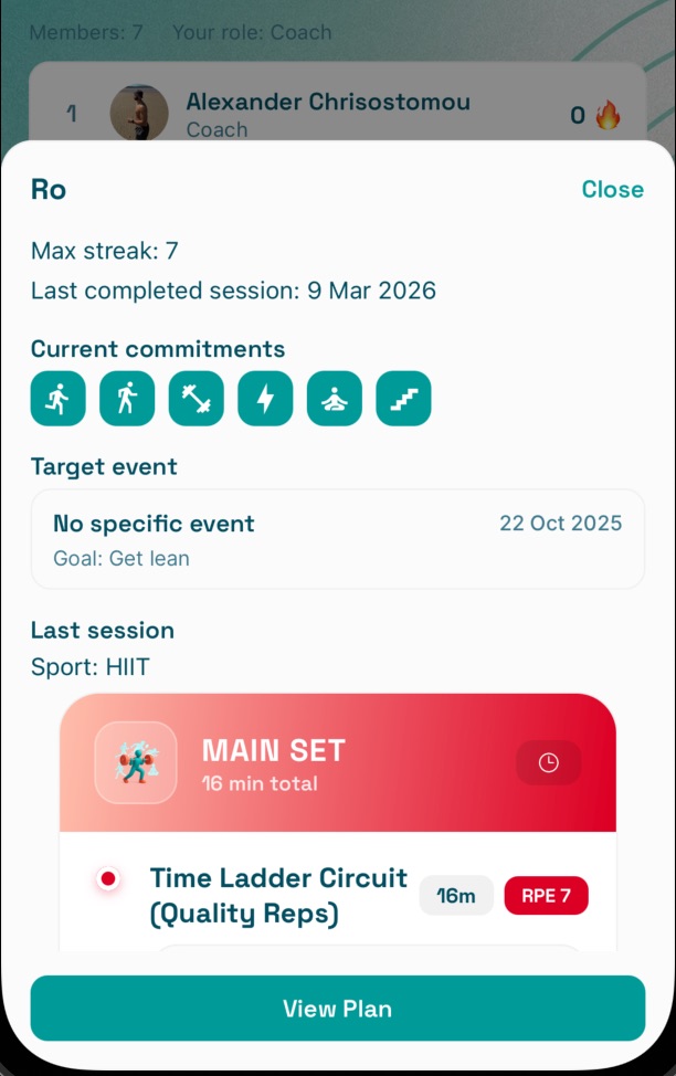 On Form Club group showing friends’ activity, streaks and upcoming sessions.