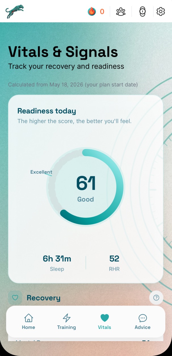 On Form Club biomarker screen showing readiness and recovery context.