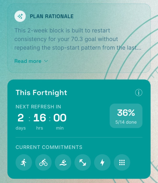 On Form Club fortnightly plan showing the next training block.