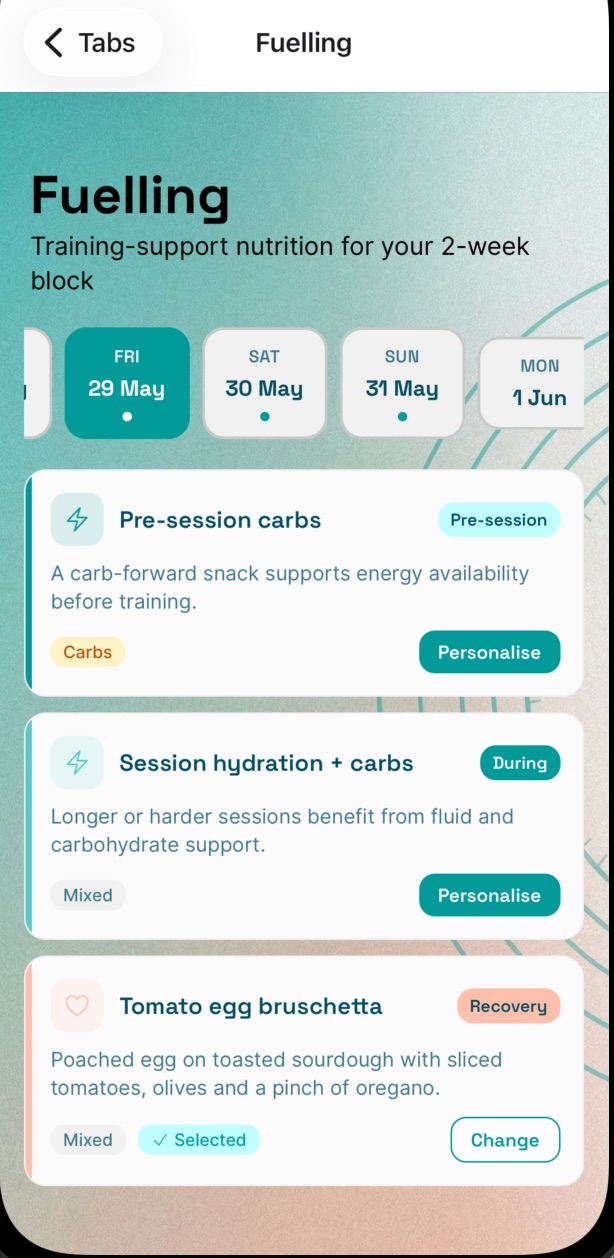On Form Club fuelling guidance screen with prompts around upcoming sessions.
