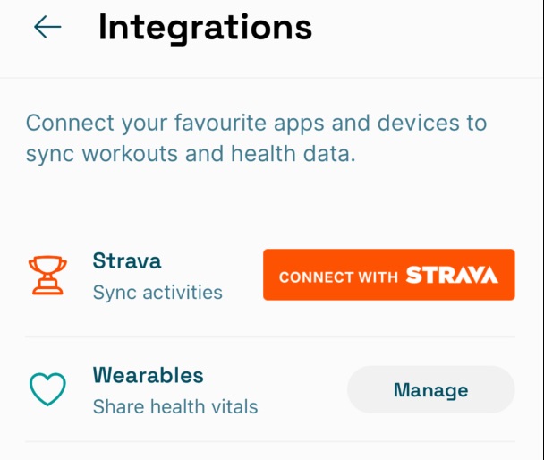 On Form Club integrations screen for connected health and training data.