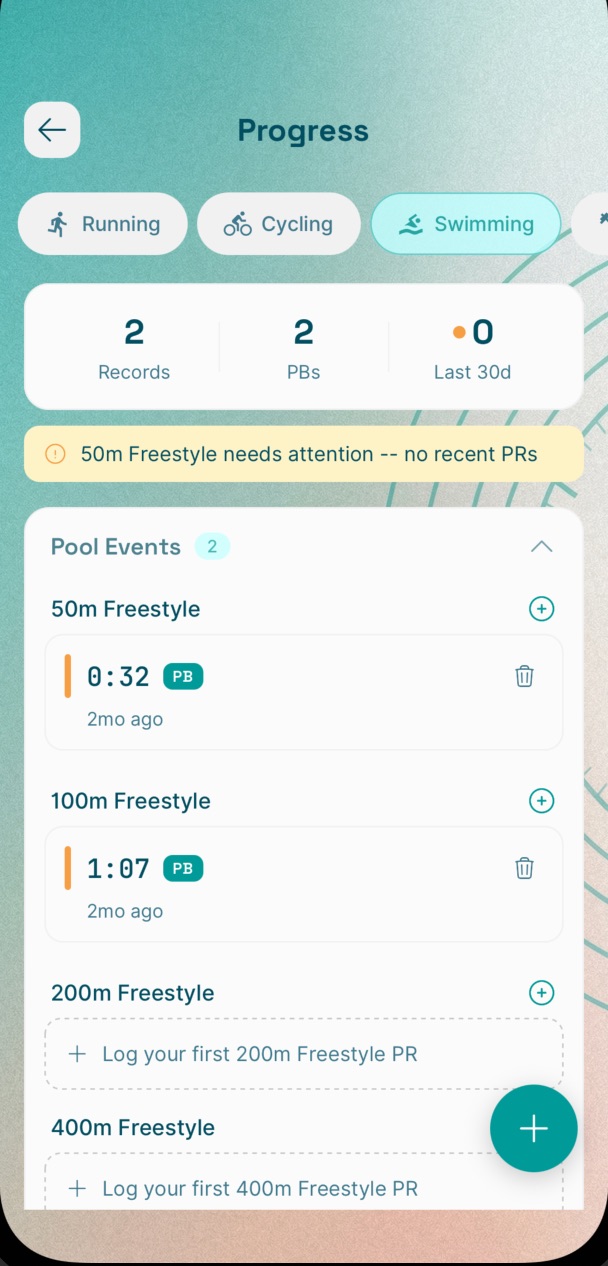 On Form Club progress screen showing PB and sport-specific metrics.