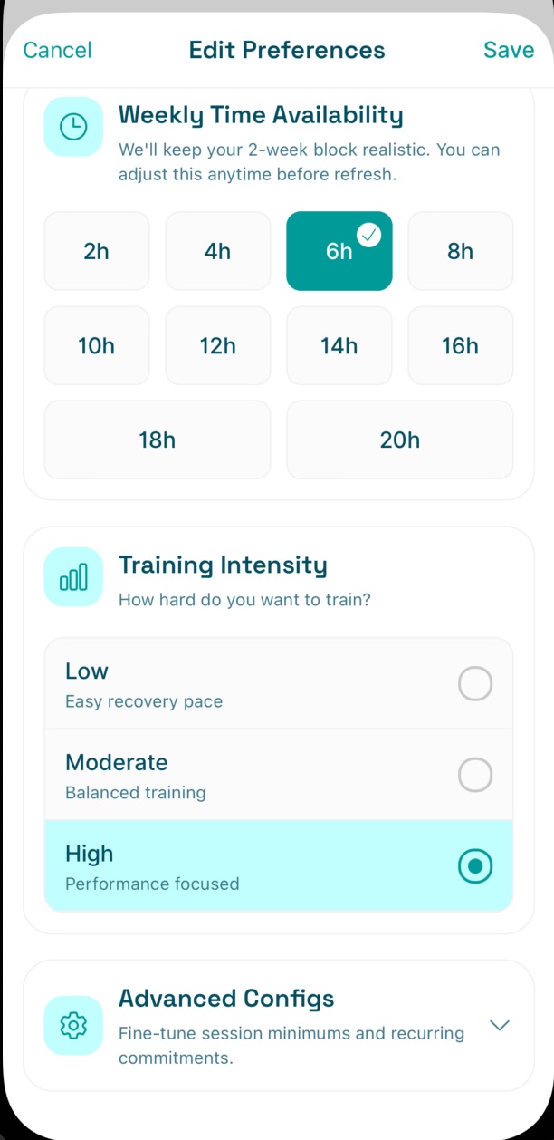 On Form Club training preferences screen.