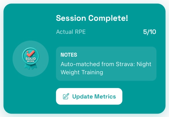 On Form Club completed session screen with matched activity and completion notes.