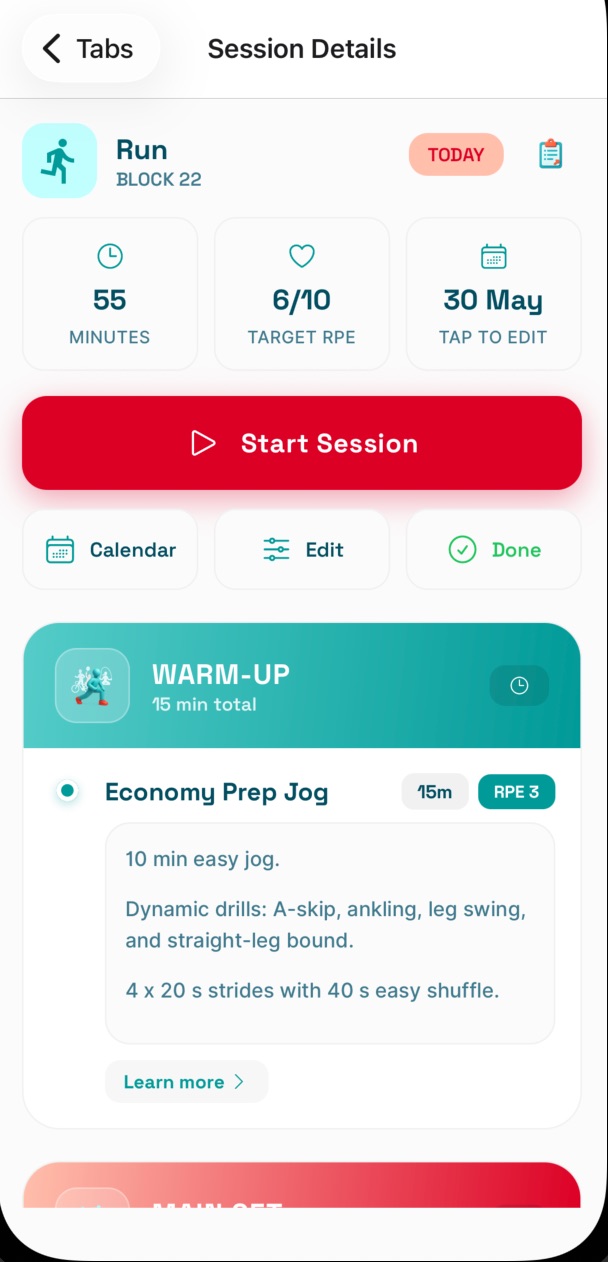 On Form Club session detail screen showing warm-up, main set, cool-down and RPE guidance.