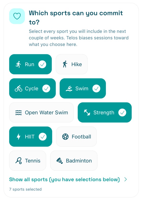 On Form Club sport selection screen showing multiple supported training modes.